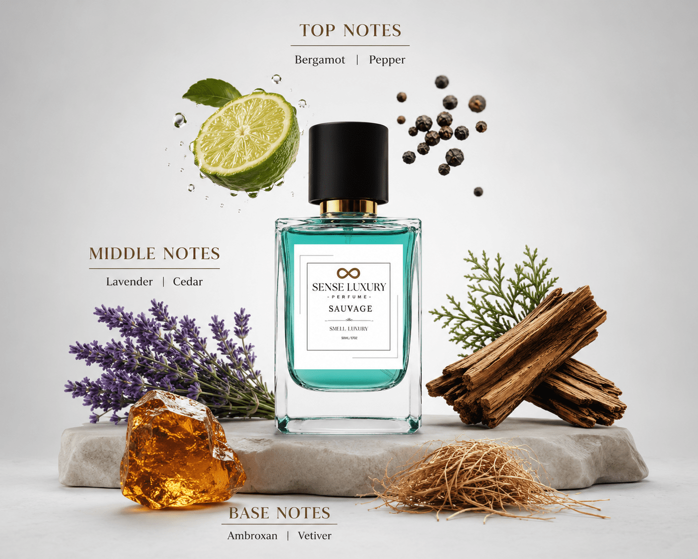 Fragrance note pyramid for a sauvage perfume dupe showing bergamot top notes, lavender heart, and ambroxan base