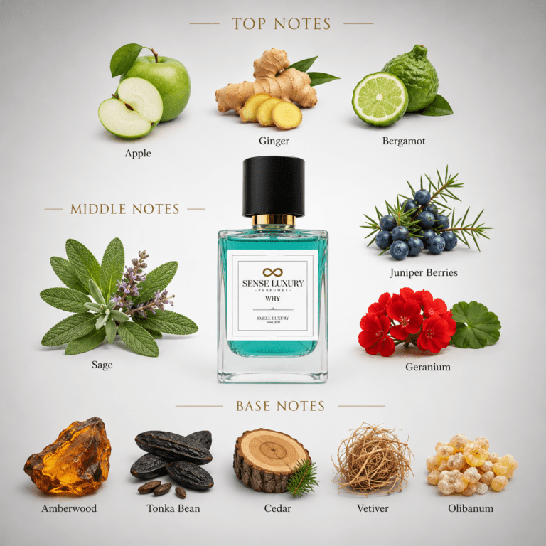 Fragrance note pyramid showing bergamot, sage, and cedar