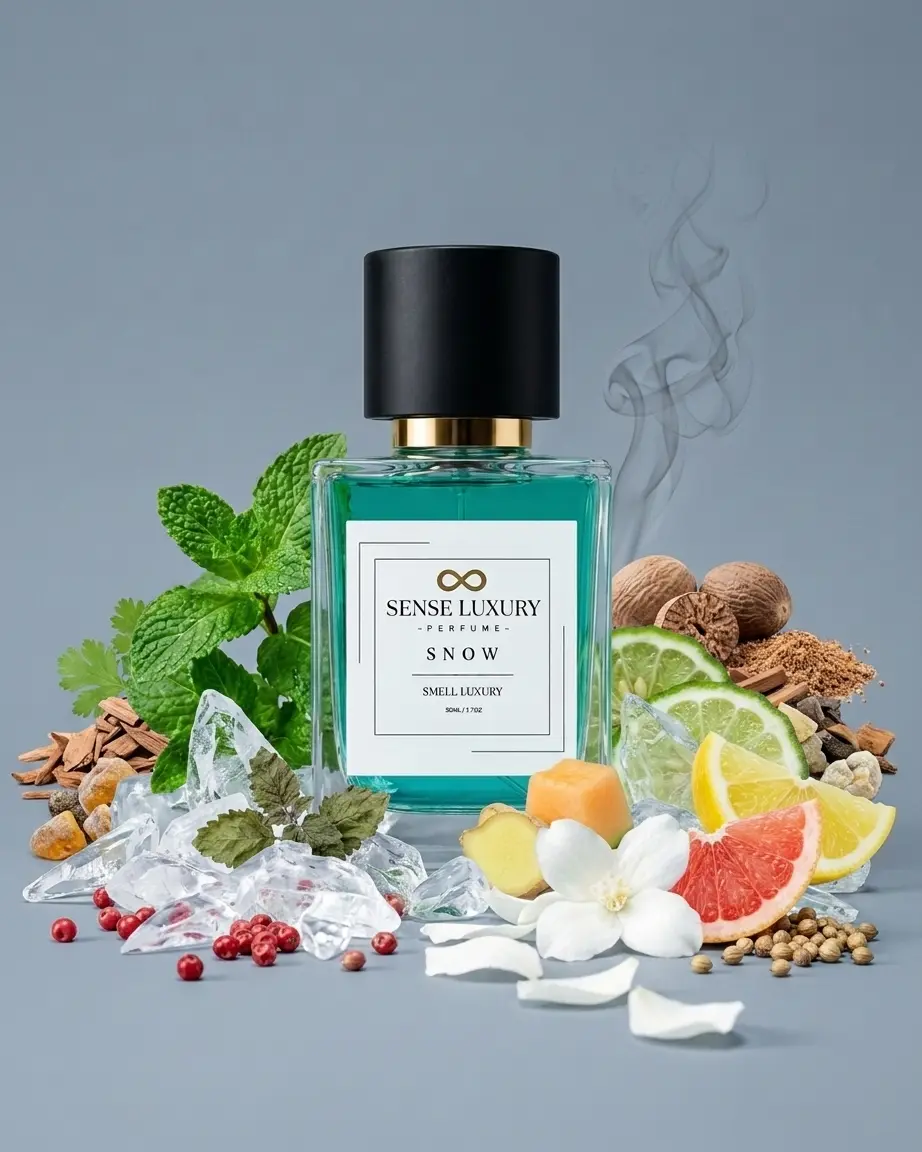 Snow EDP, inspired by Bleu de Chanel, aromatic woody perfume bottle