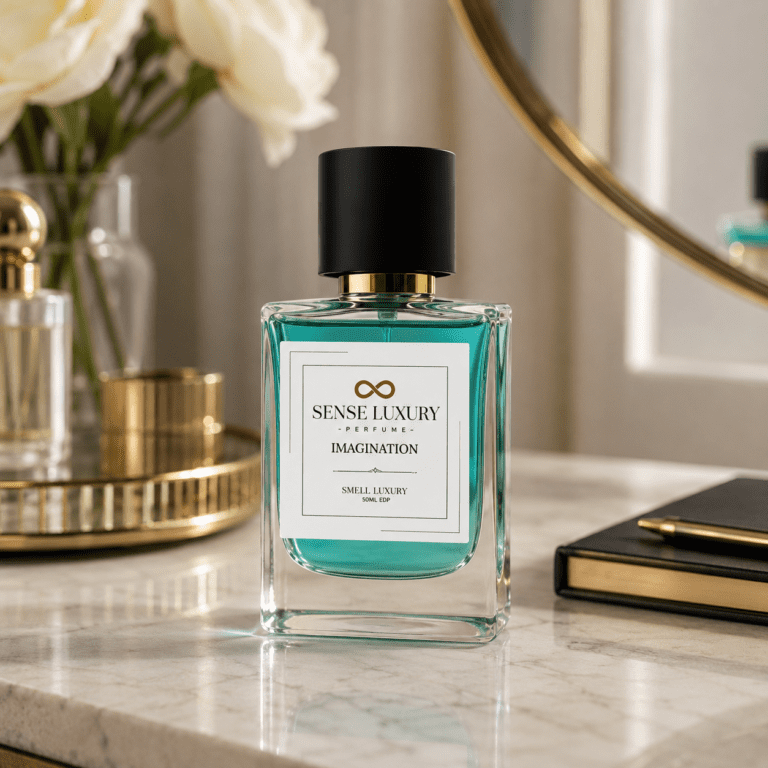 Sense Perfume Imagination bottle on a marble dresser beside gold accents