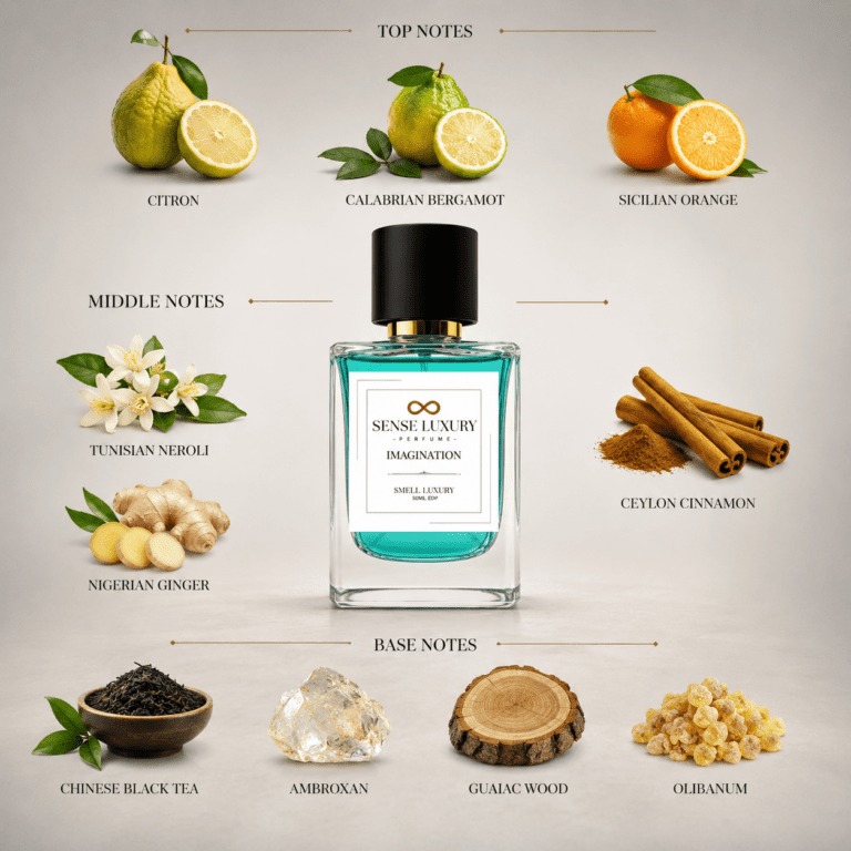 Imagination perfume notes pyramid showing citron, neroli, ginger, cinnamon, black tea and ambroxan