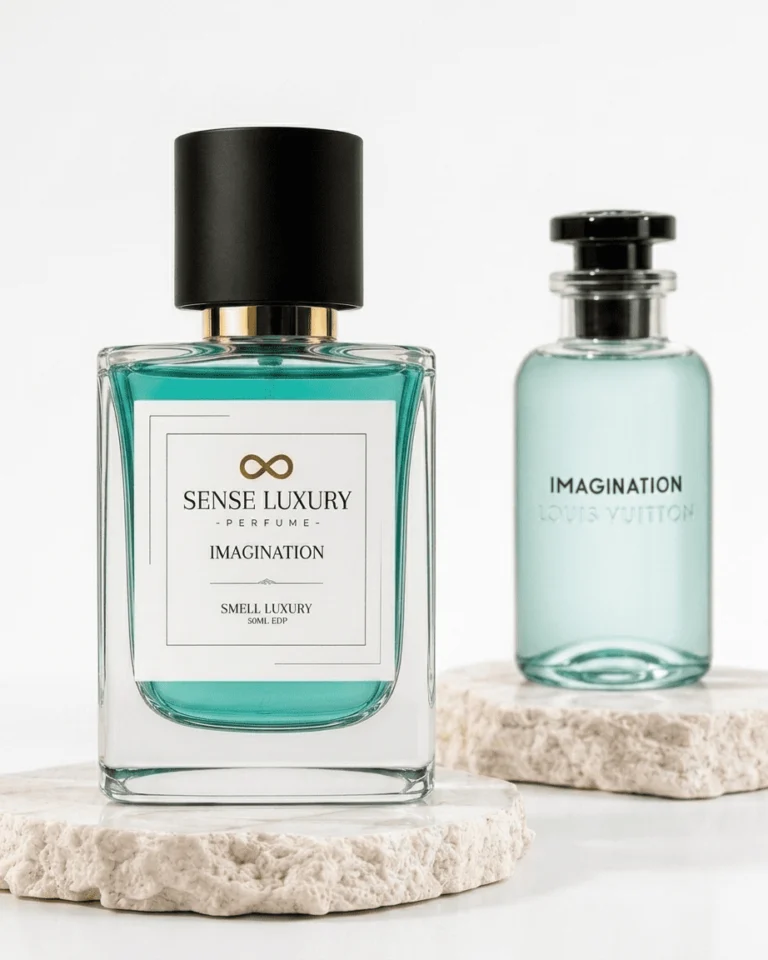 Louis Vuitton Imagination perfume price comparison: the ₹799 Sense Perfume bottle beside the original Imagination bottle