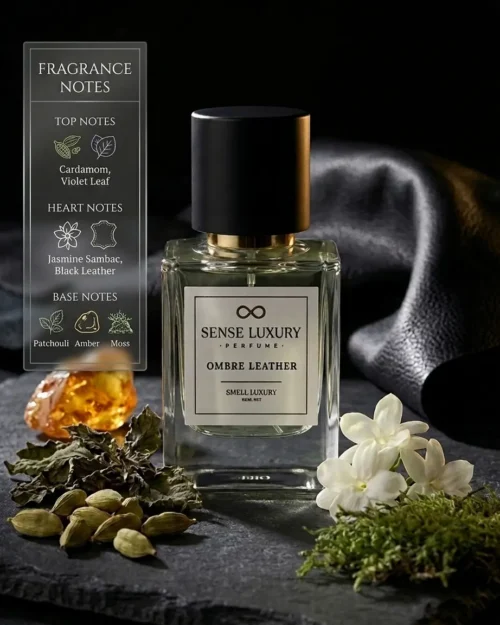 Ombre Leather note pyramid showing cardamom, leather, jasmine, patchouli, white moss and amber used as the reference accord