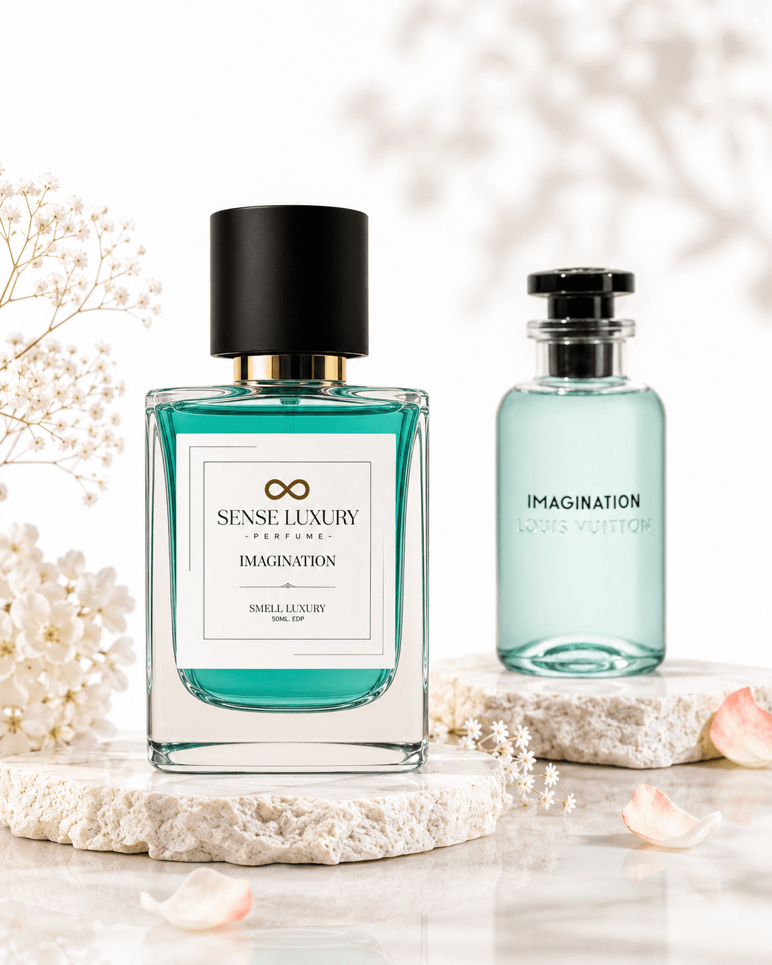 Imagination perfume dupe bottle by Sense Perfume styled next to citrus and amber ingredients
