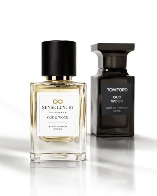 Side-by-side comparison of Tom Ford Oud Wood and the ₹799 Sense Wood Oud dupe perfume bottle